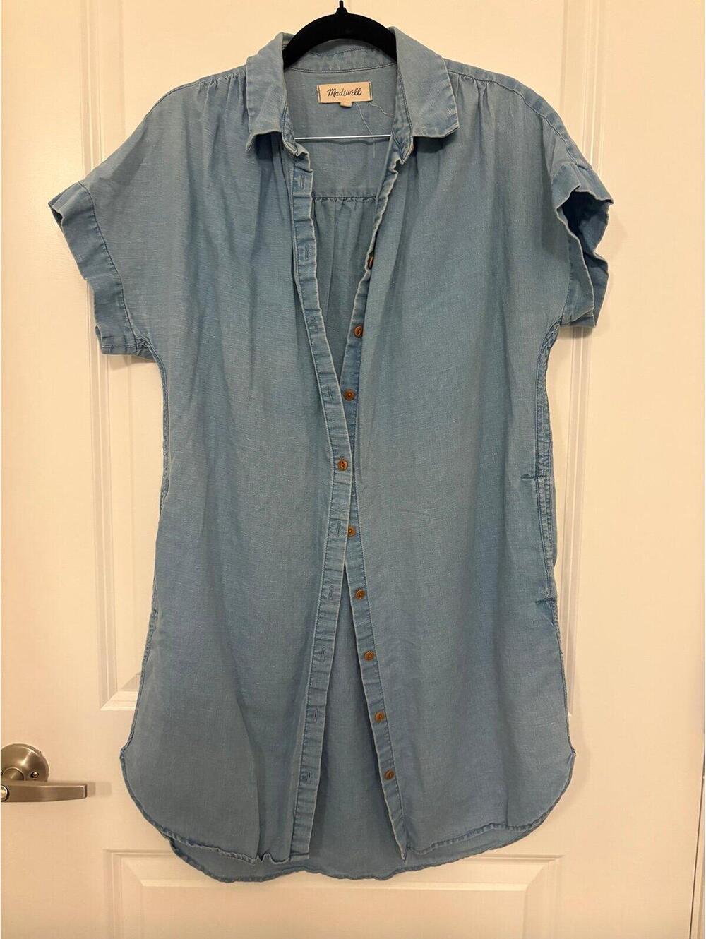 Madewell Linen Blend Chambray Shirt Dress Blue Button Front Casual Tunic XS